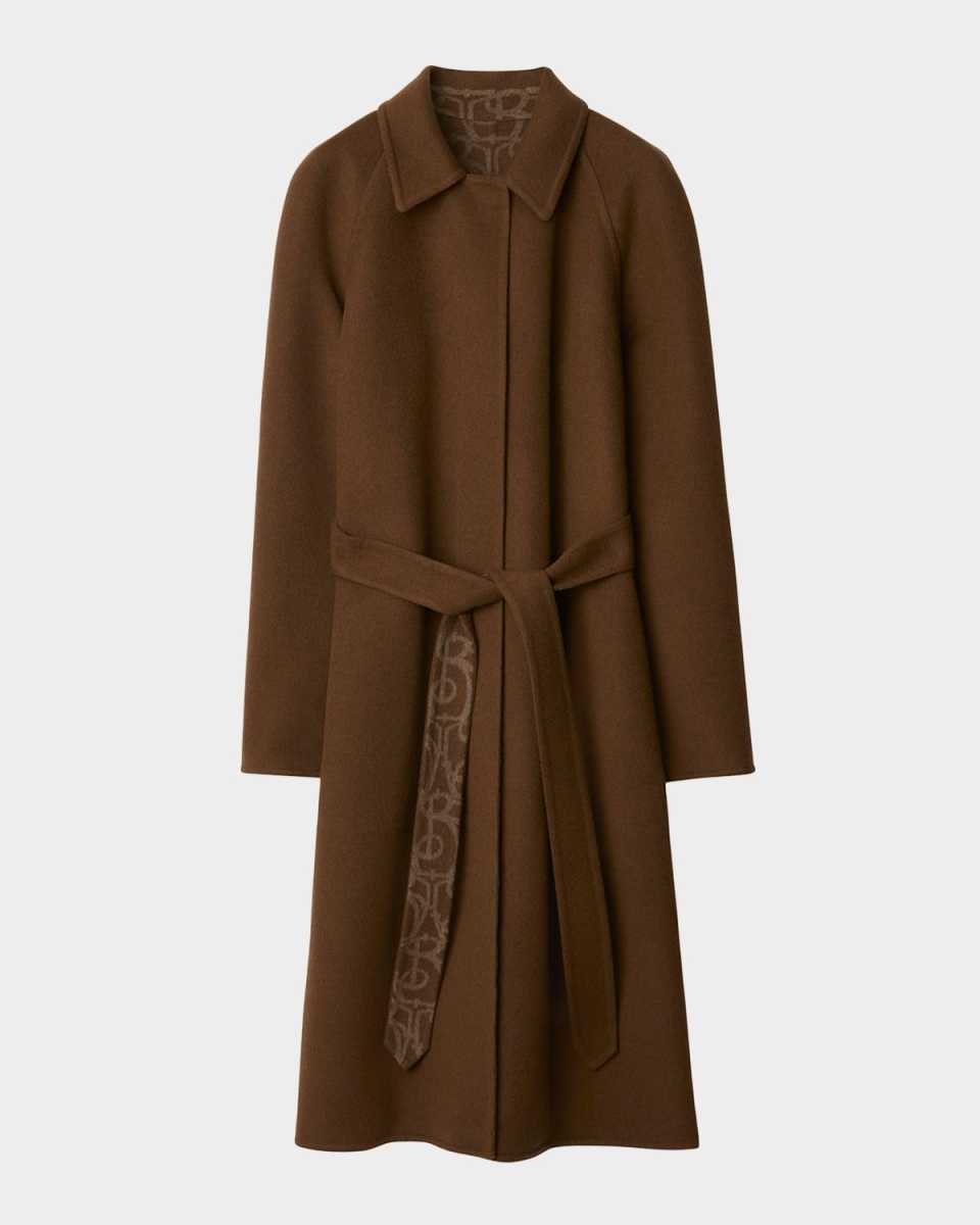 Wool-Cashmere Belted Long Coat With Monogram Interior